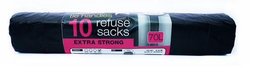 BLACK REFUSE SACKS BAGS - BINS LINERS TIE HANDLE 70L - 10