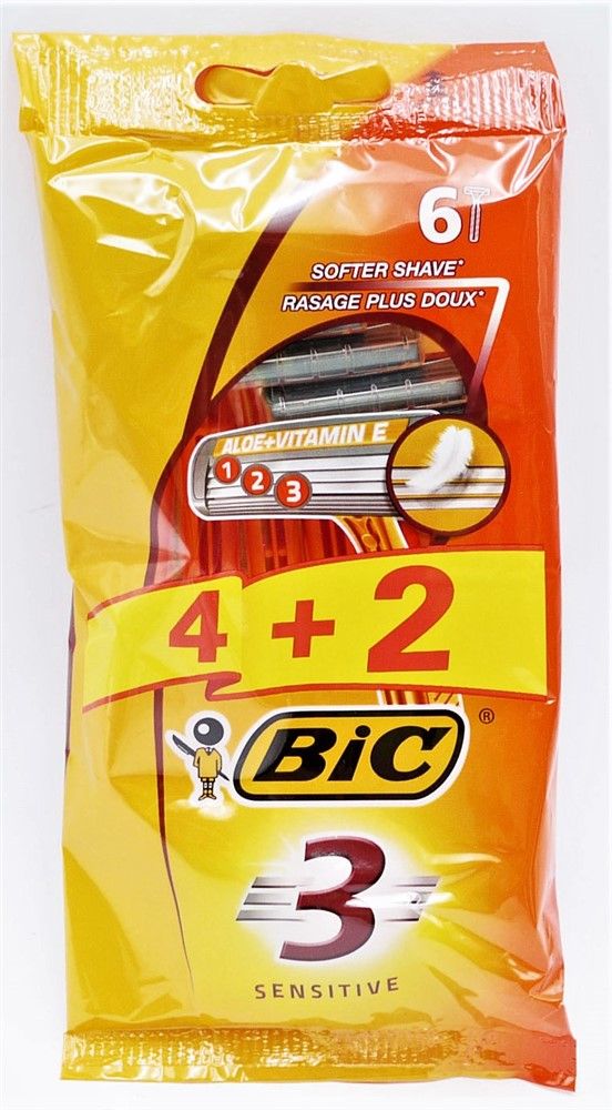 BIC 3 RAZORS SENSITIVE 4 + 2 FREE (6) RAZOR WITH 3 BLADES PER RAZOR - 6 RAZORS