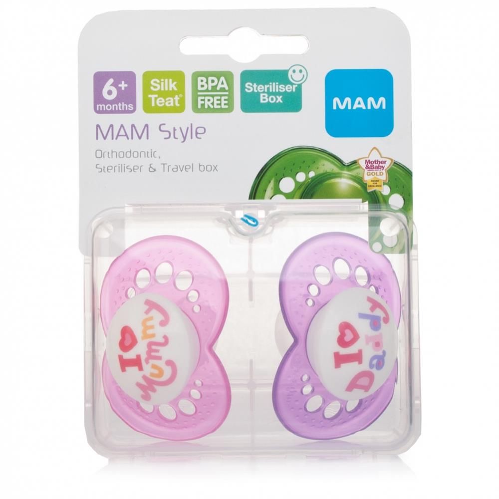 MAM BABY SOOTHER STYLE/SILK 6+ M PINK & PURPLE - 1 PACK
