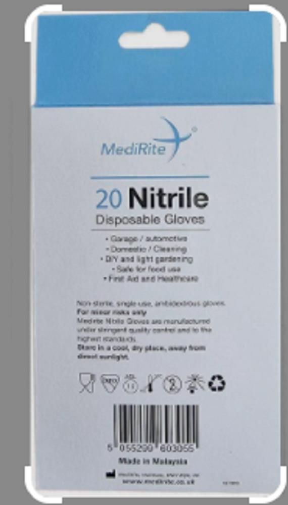 NITRILE GLOVES ONE SIZE BLUE DISPOSABLE (MEDIRITE) - 20