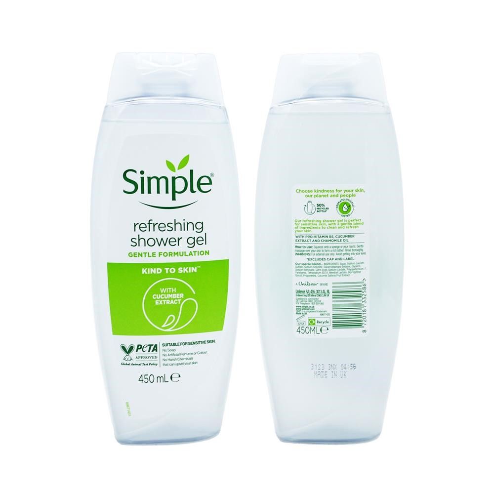 SIMPLE REFRSHING SHOWER GEL GENTLE FORMULATION KIND TO SKIN WITH CUCUMBER EXTRACT - 450ML